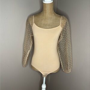 Altar’d Dtate Puff Polka Dot Sleeve Ribbed Torso Tan Bodysuit Size Small